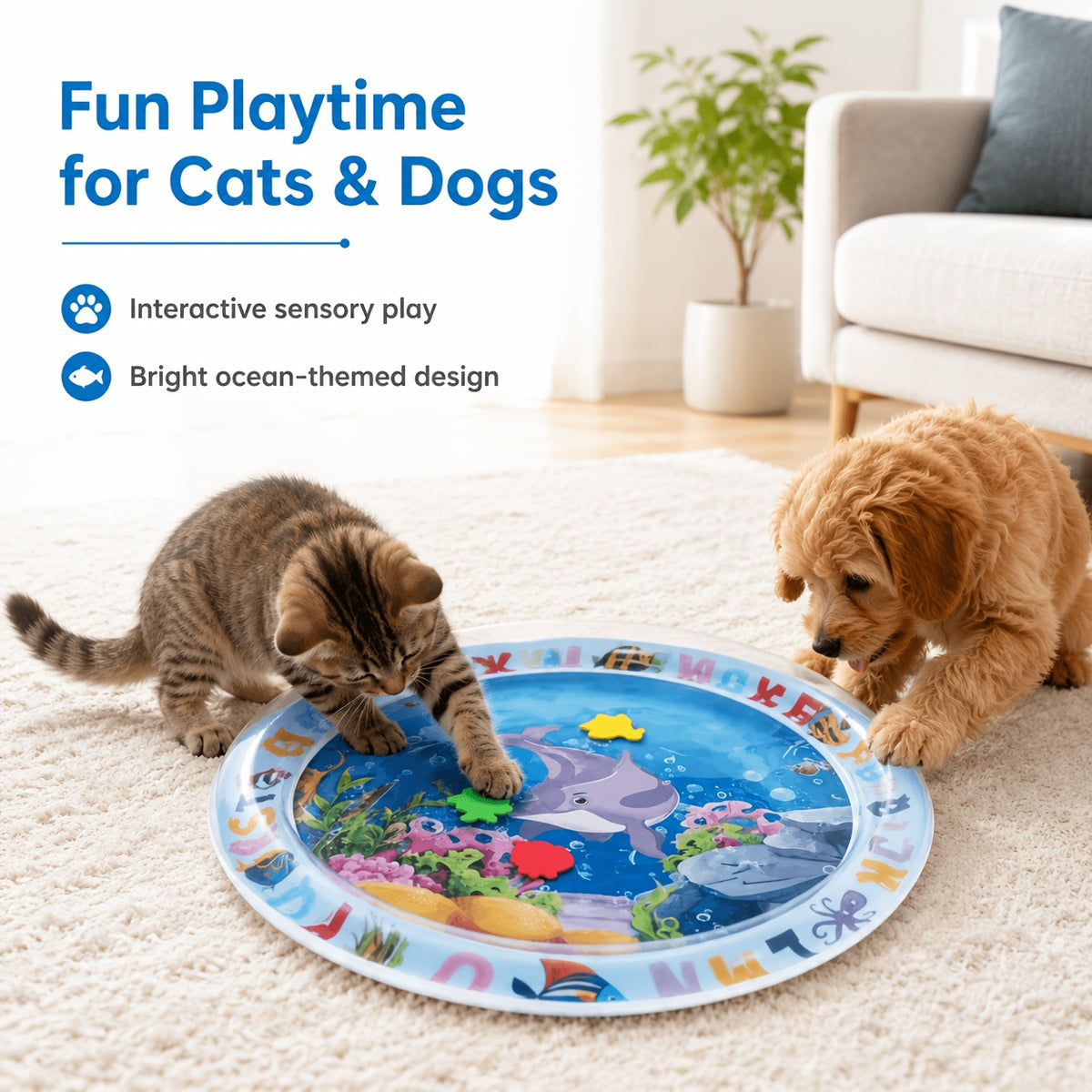 BDTGP Pet Water Play Mat for Cats And Dogs, Inflatable Ocean-Themed Toy with Floating Shapes, Indoor And Shaded Outdoor Activity Mat, Without Battery
