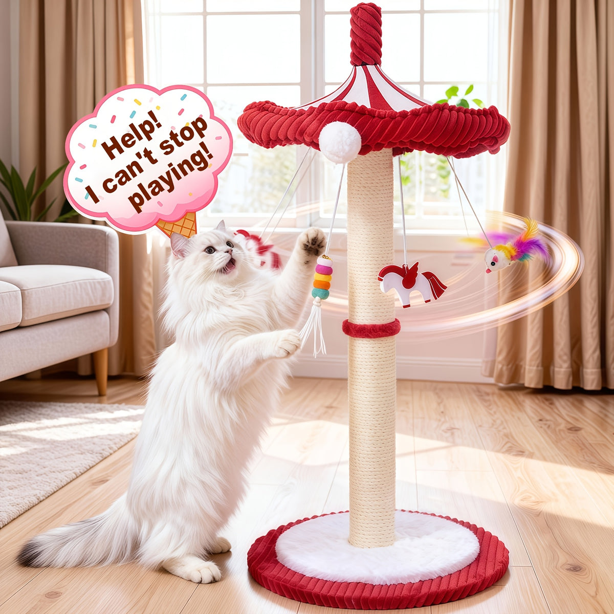 Large 39” Tall Carousel Cat Tree • Multi-Level Cat Scratching Post • Rotating Top & Hanging Toys • Suitable for Indoor Cats, Adult Cats, Kittens • Space-Saving Vertical Climbing Tower for Modern Decor • Cat Furniture