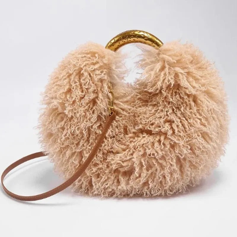 Women's Fashion Long Fur Wool Bag beach Faux Wool Fur Shoulder Bag Ladies Faux Furs Handbag Luxury Mongolian Sheep Fur Bags