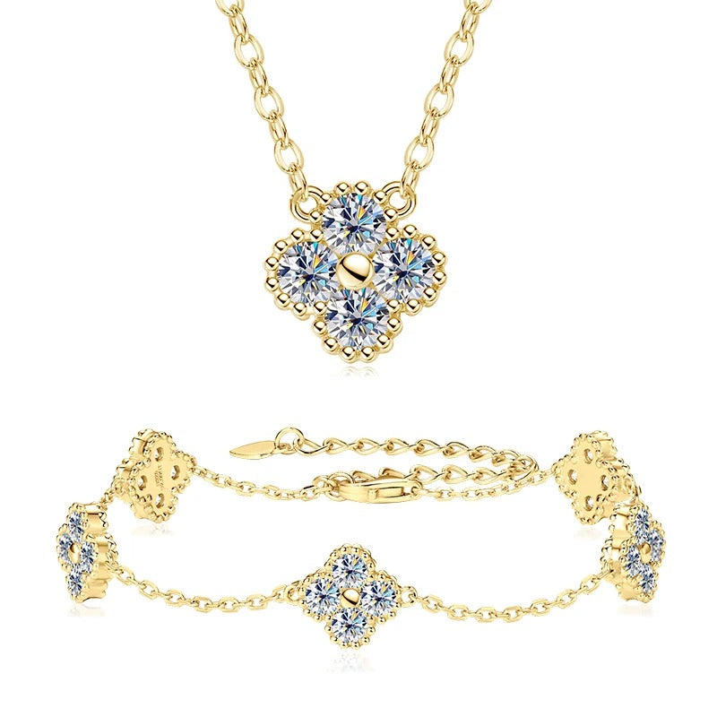 D-Color VVS1 Four Leaf Clover Moissanite Jewelry Set 3 IN 1 Necklace Earrings Bracelet GRA Certified Pass Diamond Tester 18K Gold Plated S925 Sterling Silver Luxury Stackable Fine Jewelry Wedding Anniversary Party Gift For Women
