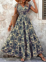 2026 Vintage Floral Print Dress Elegant V-Neck Short Sleeve Long Women's Fashion Retro Gown