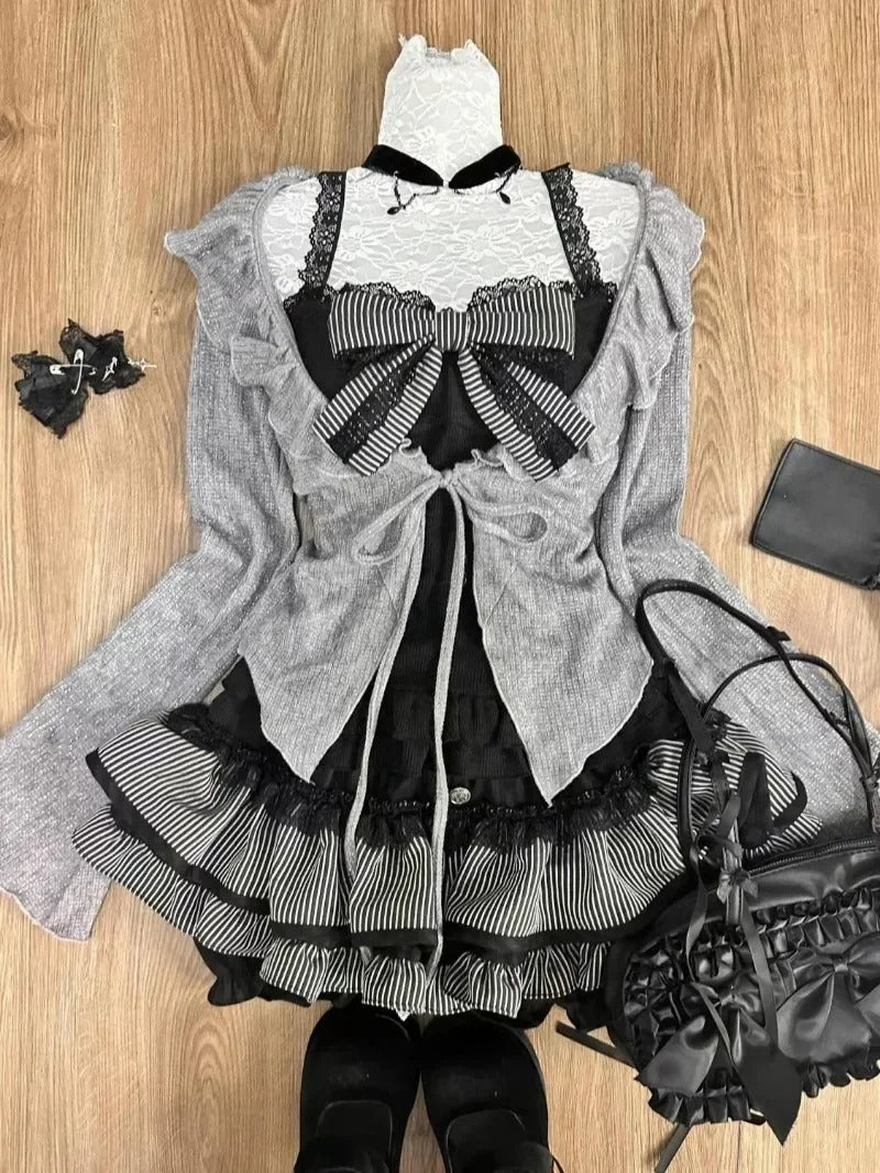 Sweet Lolita Early Autumn Three Piece Set Lace up Ruffles Cardigan Sexy Slim Fit Strapless Vest Tops High Waist Ruched Skirts