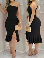 Women's Spring/Autumn Solid Color Elegant and Sexy Vacation Off-Shoulder Cold-Shoulder Backless Ruffle Asymmetrical Hem Low Slit