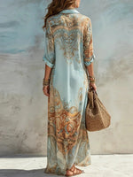 Elegant Shirt Dress for Women Digital Print Turndown Collar Single-breasted Dresses Flowy Casual Boho Summer Clothing