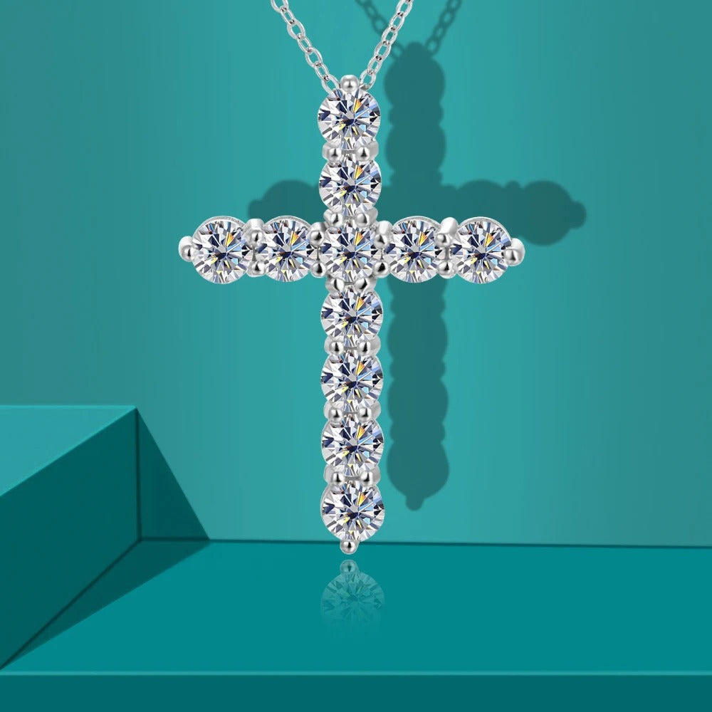 BLUEENCH Full Moissanite Cross Pendant Necklace Original 925 Sterling Sliver Chain Plated 18k White Gold Fine Necklace for Women