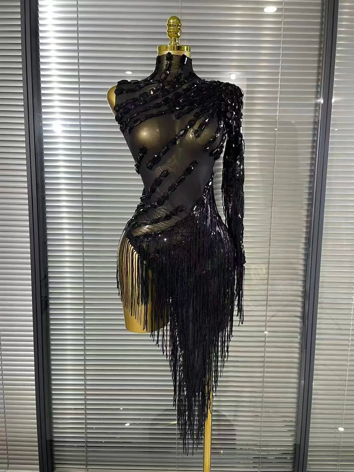 Black Red Women Sexy One Shoulder Shinning Crystal Sequins Tassels Bodycon Mid-calf Dress Nightclub Party Bar Dancer Costumes
