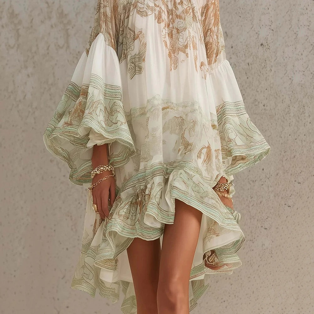 Vintage Floral Print Chiffon Mini Dress Elegant Flare Sleeve Crew Neck Ruffle Loose Beach Dress Irregular Hem Chic Boho Vestidos