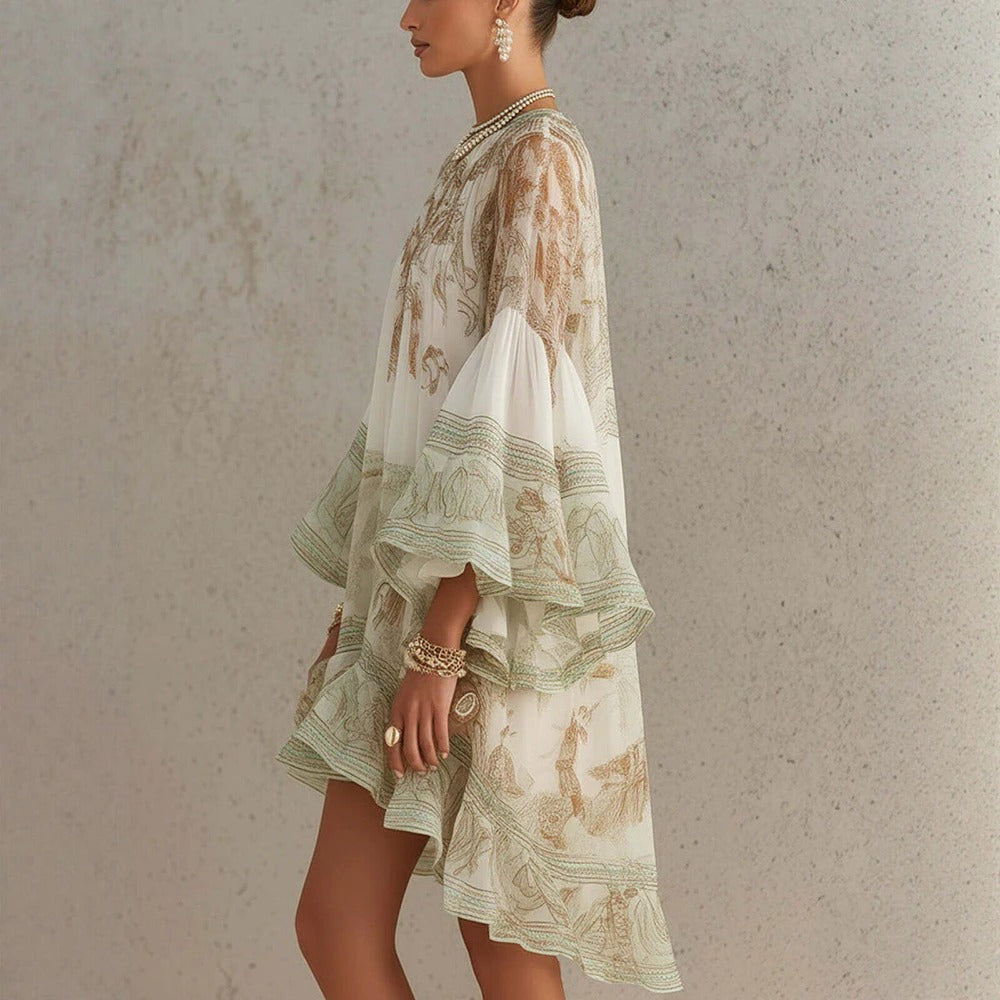 Vintage Floral Print Chiffon Mini Dress Elegant Flare Sleeve Crew Neck Ruffle Loose Beach Dress Irregular Hem Chic Boho Vestidos