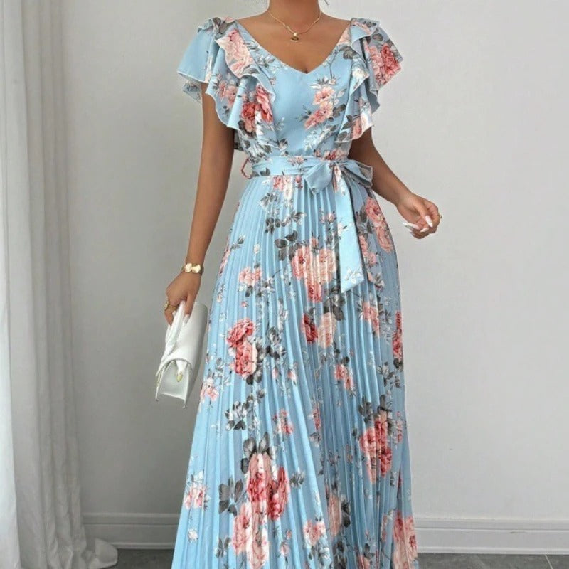 Women's Summer Hot Sale Digital Print Dress – Pleated Ruffled Waist Romantic Vacation Maxi Euro American