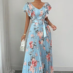 Women's Summer Hot Sale Digital Print Dress – Pleated Ruffled Waist Romantic Vacation Maxi Euro American