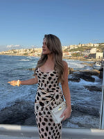 Elegant Animal Print Maxi Dress Detachable Scarf Spaghetti Strap Tie Waist Slim Fit Skirt Women Summer Party Vacation Outfit New