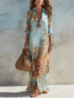 Elegant Shirt Dress for Women Digital Print Turndown Collar Single-breasted Dresses Flowy Casual Boho Summer Clothing