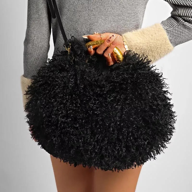 Women's Fashion Long Fur Wool Bag beach Faux Wool Fur Shoulder Bag Ladies Faux Furs Handbag Luxury Mongolian Sheep Fur Bags