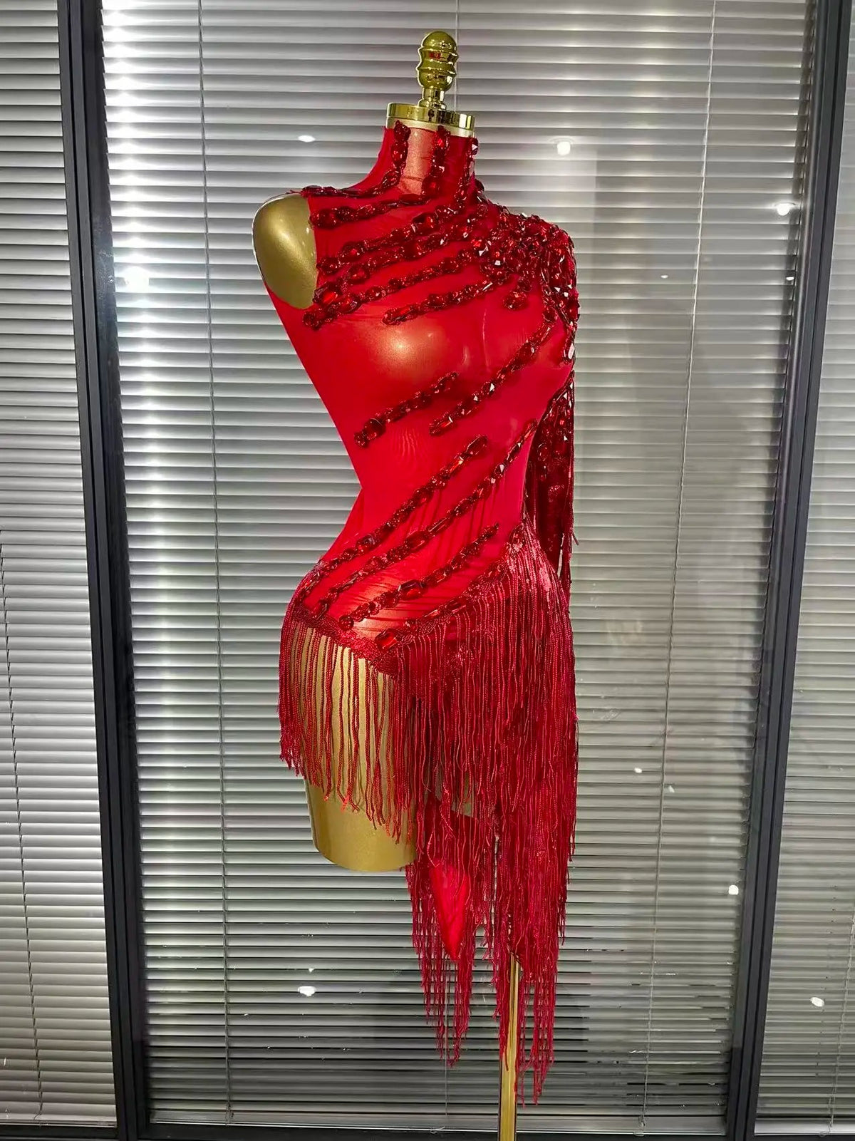 Black Red Women Sexy One Shoulder Shinning Crystal Sequins Tassels Bodycon Mid-calf Dress Nightclub Party Bar Dancer Costumes