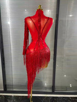 Black Red Women Sexy One Shoulder Shinning Crystal Sequins Tassels Bodycon Mid-calf Dress Nightclub Party Bar Dancer Costumes