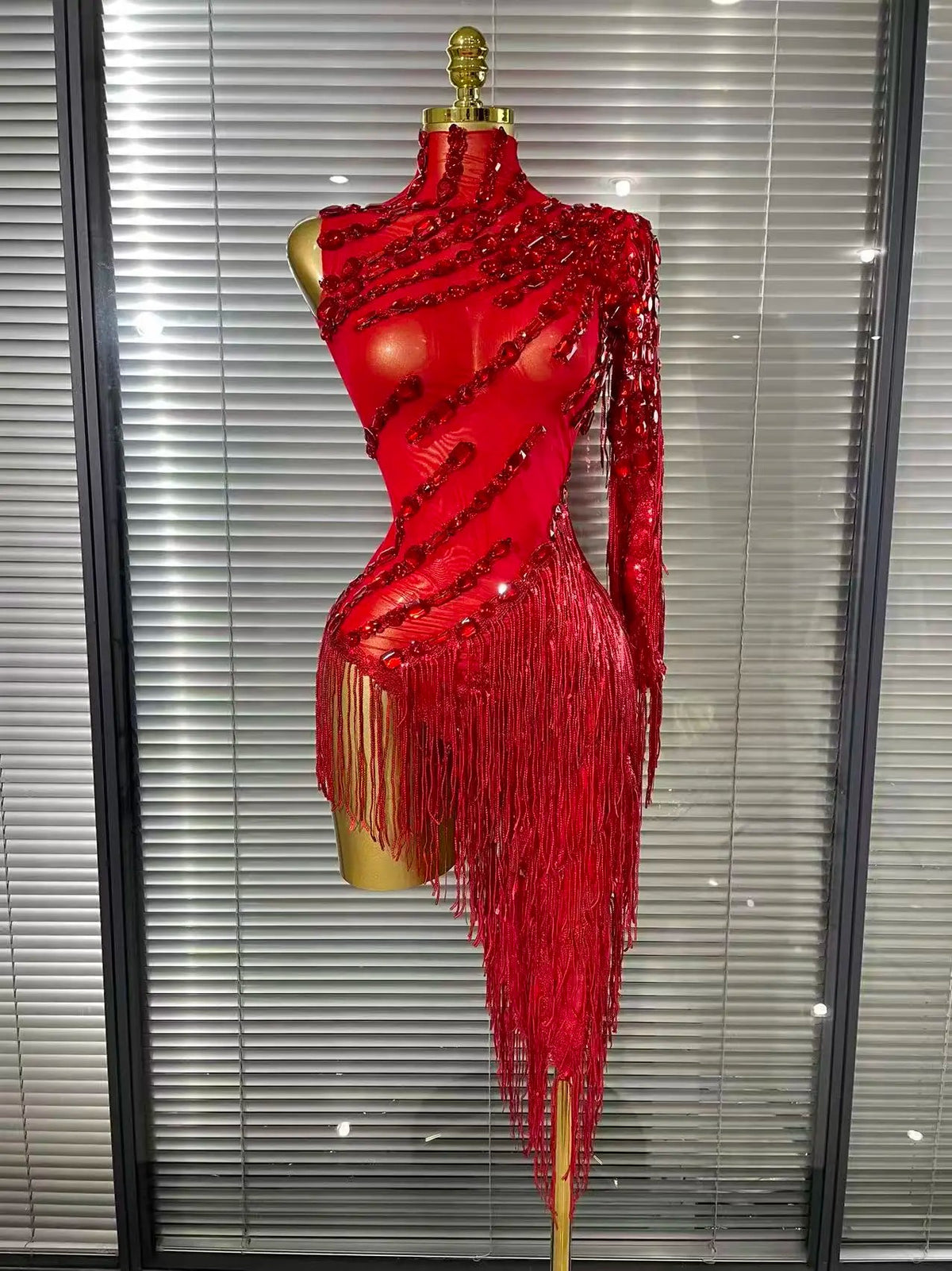 Black Red Women Sexy One Shoulder Shinning Crystal Sequins Tassels Bodycon Mid-calf Dress Nightclub Party Bar Dancer Costumes