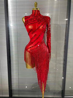 Black Red Women Sexy One Shoulder Shinning Crystal Sequins Tassels Bodycon Mid-calf Dress Nightclub Party Bar Dancer Costumes