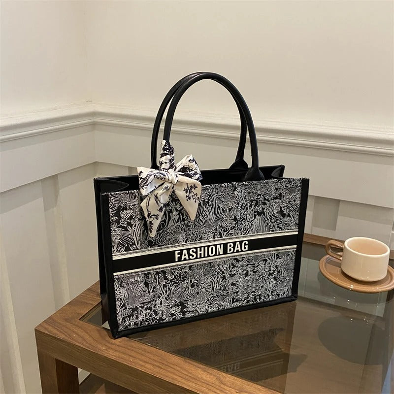 Luxury Elegant Women Tote Bag Embroid Bouquet Pattern PU Leather Tote Bag Letter Scarf Handbag for Commute Shopping