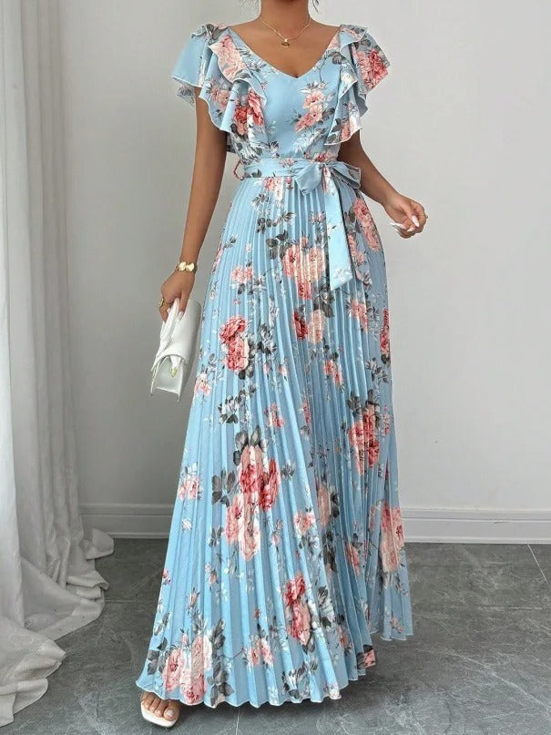 Women's Summer Hot Sale Digital Print Dress – Pleated Ruffled Waist Romantic Vacation Maxi Euro American