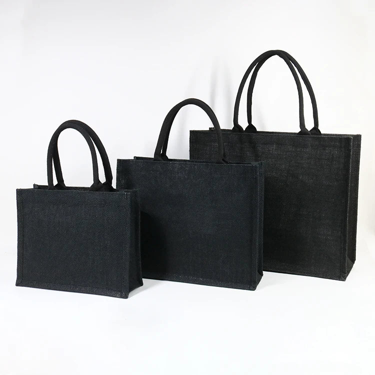 Custom Logo Natural Black Jute Bag Hessian Shopper Tote Bags With Strong Handles