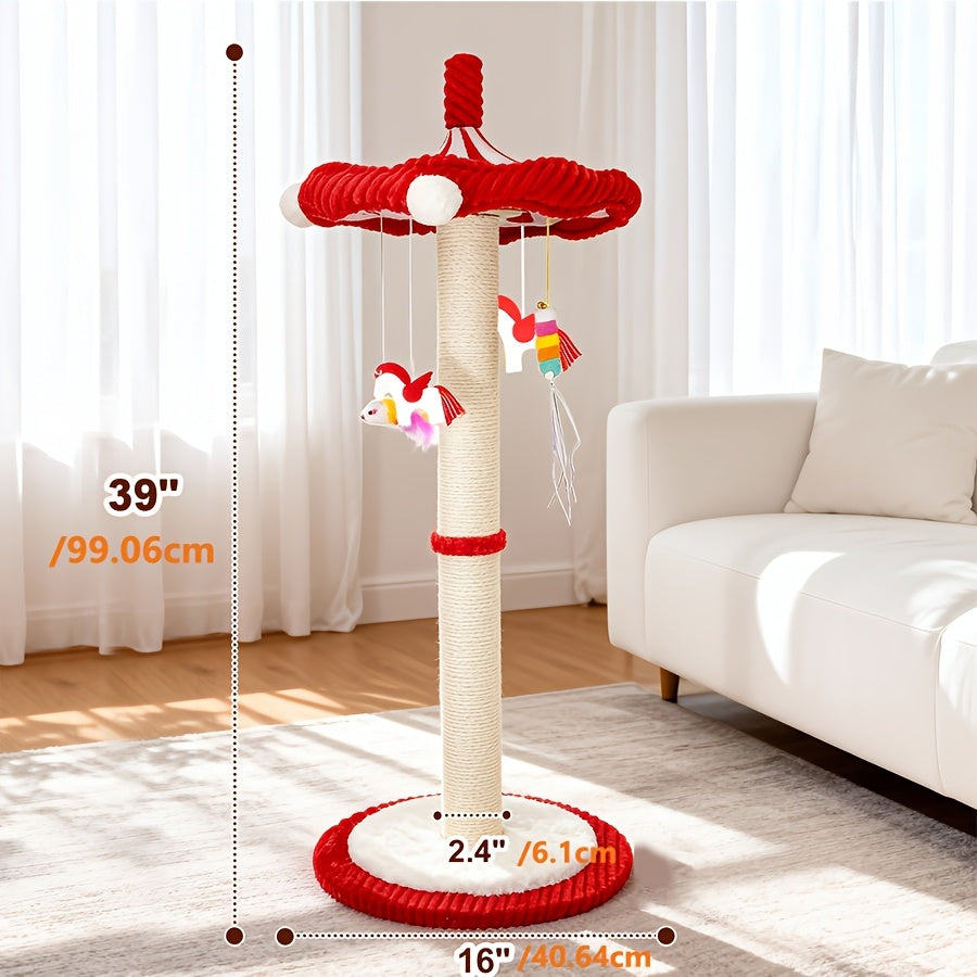 Large 39” Tall Carousel Cat Tree • Multi-Level Cat Scratching Post • Rotating Top & Hanging Toys • Suitable for Indoor Cats, Adult Cats, Kittens • Space-Saving Vertical Climbing Tower for Modern Decor • Cat Furniture