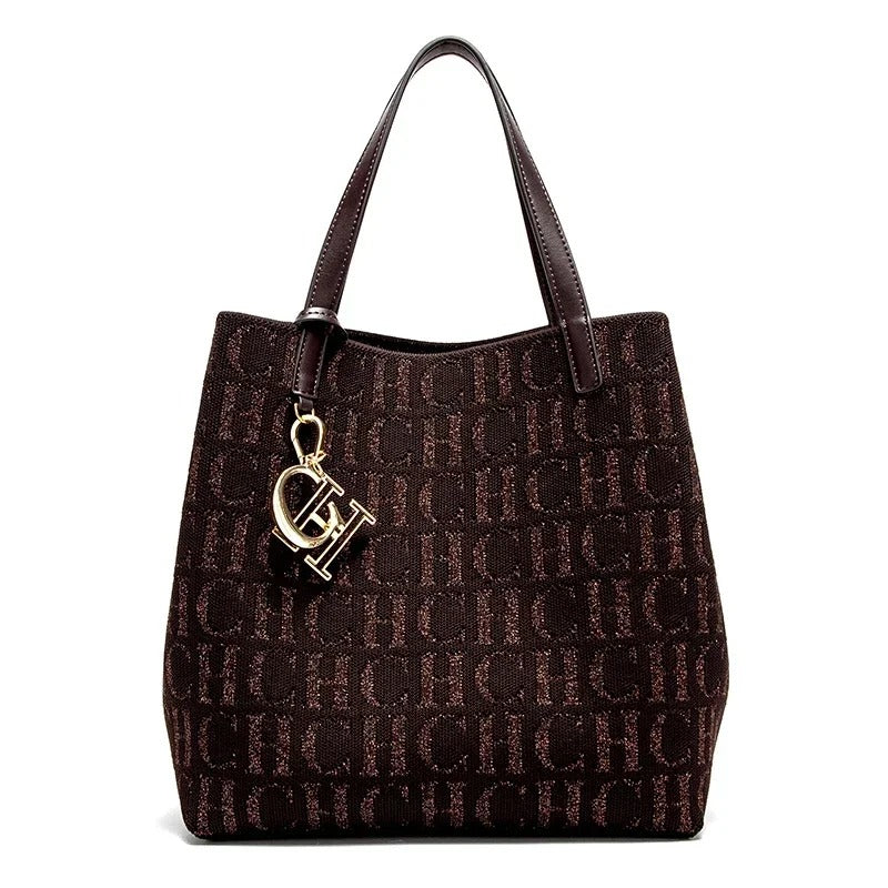 CH Women's Handbag Large Capacity Women's Simple Daily Commute Versatile Solid Color Letter Printed Design Shoulder Bag