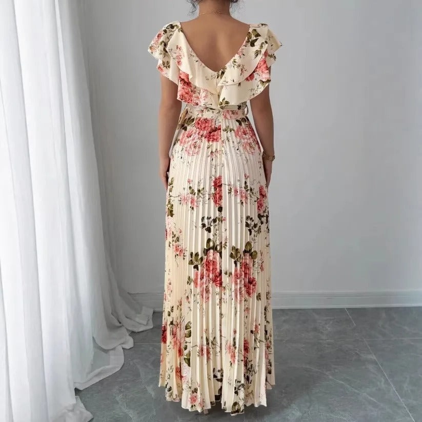 Women's Summer Hot Sale Digital Print Dress – Pleated Ruffled Waist Romantic Vacation Maxi Euro American