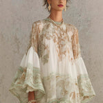 Vintage Floral Print Chiffon Mini Dress Elegant Flare Sleeve Crew Neck Ruffle Loose Beach Dress Irregular Hem Chic Boho Vestidos
