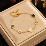 Vintage Black White Enamel Heart Charm BraceletHollow Heart Link Bracelet Elegant Wrist Jewelry for Women