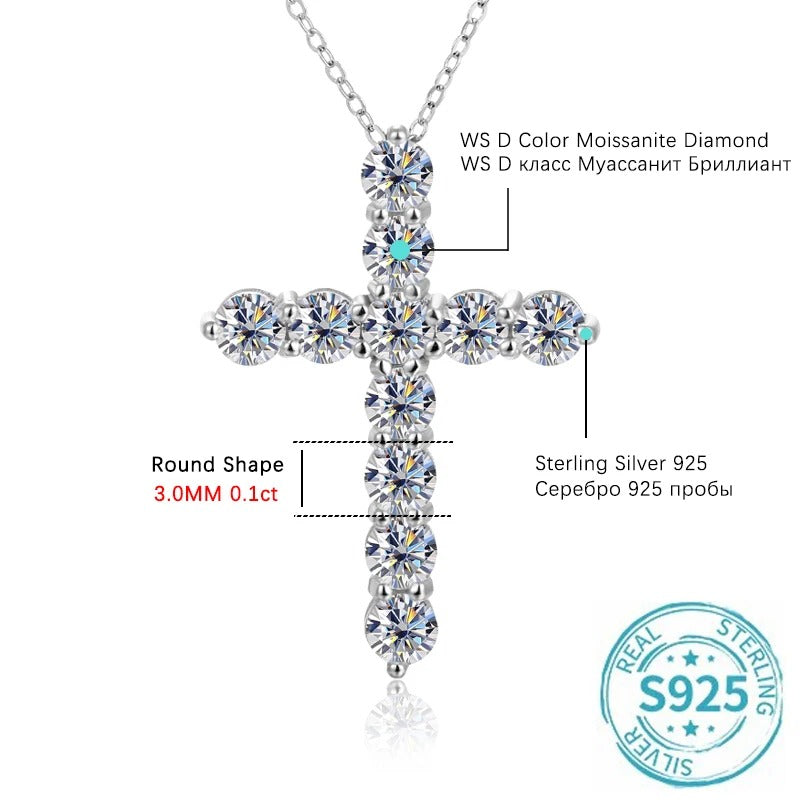 BLUEENCH Full Moissanite Cross Pendant Necklace Original 925 Sterling Sliver Chain Plated 18k White Gold Fine Necklace for Women
