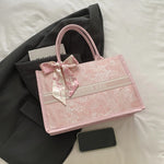 Luxury Elegant Women Tote Bag Embroid Bouquet Pattern PU Leather Tote Bag Letter Scarf Handbag for Commute Shopping