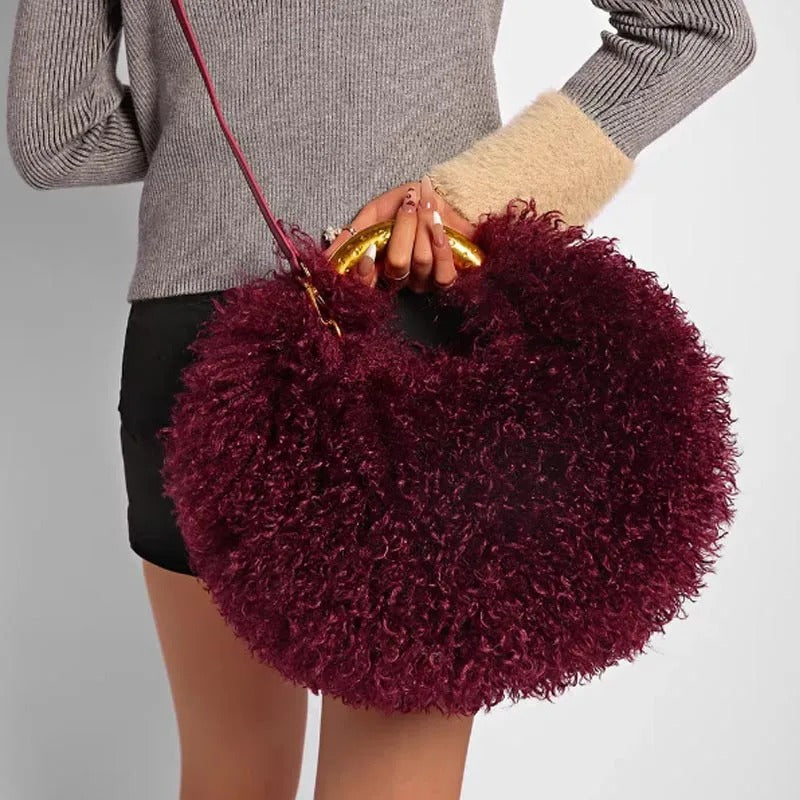 Women's Fashion Long Fur Wool Bag beach Faux Wool Fur Shoulder Bag Ladies Faux Furs Handbag Luxury Mongolian Sheep Fur Bags
