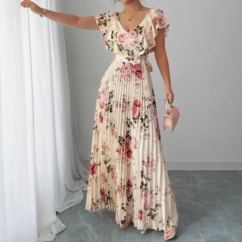 Women's Summer Hot Sale Digital Print Dress – Pleated Ruffled Waist Romantic Vacation Maxi Euro American