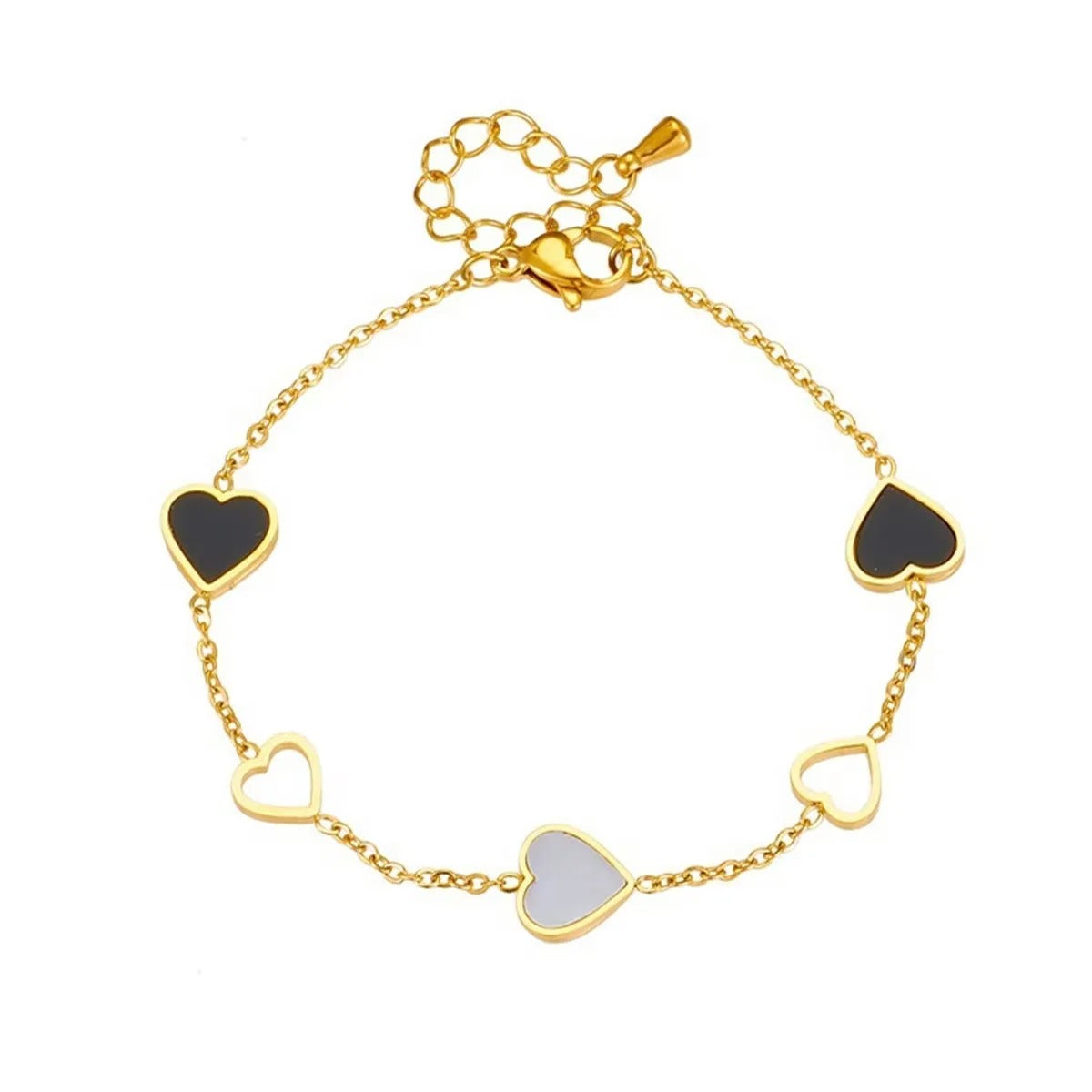 Vintage Black White Enamel Heart Charm BraceletHollow Heart Link Bracelet Elegant Wrist Jewelry for Women