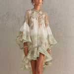 Vintage Floral Print Chiffon Mini Dress Elegant Flare Sleeve Crew Neck Ruffle Loose Beach Dress Irregular Hem Chic Boho Vestidos