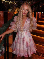 Elegant Floral Printed Mini A-line Dress Women Deep V-neck Puff Half Sleeve Waist-cinching Dresses 2026 Lady Party Club Gown