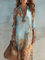 Elegant Shirt Dress for Women Digital Print Turndown Collar Single-breasted Dresses Flowy Casual Boho Summer Clothing