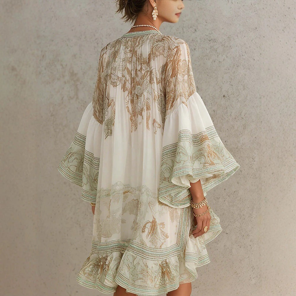 Vintage Floral Print Chiffon Mini Dress Elegant Flare Sleeve Crew Neck Ruffle Loose Beach Dress Irregular Hem Chic Boho Vestidos