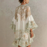 Vintage Floral Print Chiffon Mini Dress Elegant Flare Sleeve Crew Neck Ruffle Loose Beach Dress Irregular Hem Chic Boho Vestidos