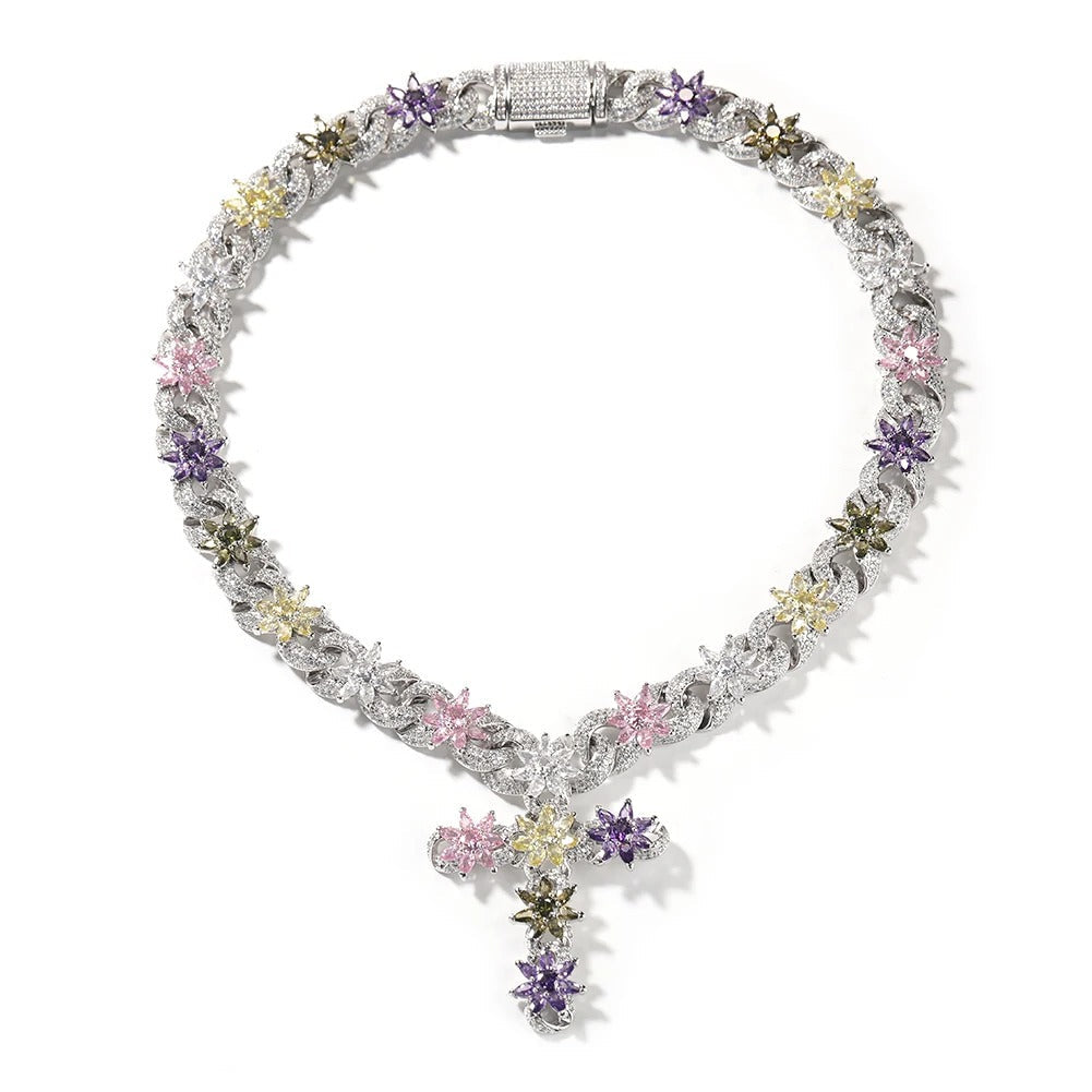 Colorful Flower Cuban Chain Full Paved Iced Out Bling Cubic Zirconia Cross Charms Baguette CZ Cuban Chain HipHop Jewelry