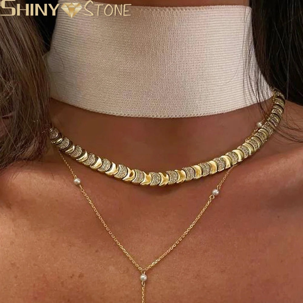 Geometric Moon Shaped Bling Cz Charm Link Chain High Polished Shiny Gold Color Metal Bracelet Necklace Fashion Women Jewelry