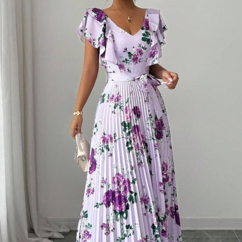 Women's Summer Hot Sale Digital Print Dress – Pleated Ruffled Waist Romantic Vacation Maxi Euro American