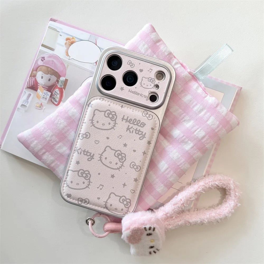 INS Electroplated Leather Hellokitty Phone Case for iPhone 17 Pro 15 14 16 Pro Max Fundas with Plush Pendant Strap Cute Cases