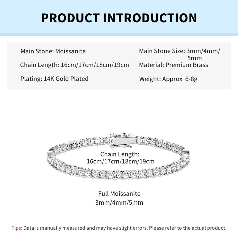 Rrjzz 3mm/4mm/5mm D-Color Full Moissanite Tennis Bracelet 16cm/17cm/18cm/19cm Eternal Charm Bracelets for Women Jewelry Gifts