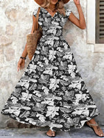 2026 Vintage Floral Print Dress Elegant V-Neck Short Sleeve Long Women's Fashion Retro Gown